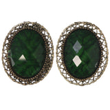 Green & Gold-Tone Colored Metal Stud-Earrings With Stone Accents #5073