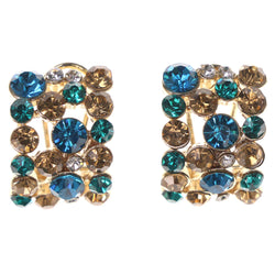 Gold-Tone & Blue Colored Metal Stud-Earrings With Crystal Accents #5163
