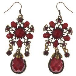 Flower Dangle-Earrings With Stone Accents Red & Gold-Tone Colored #5201