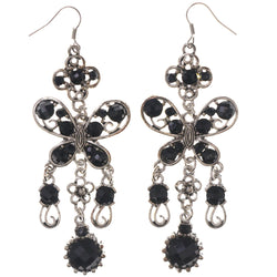 Butterfly Flower Dangle-Earrings With Bead Accents Black & Silver-Tone Colored #5204