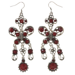 Butterfly Flower Dangle-Earrings With Bead Accents Red & Silver-Tone Colored #5199