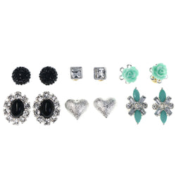 Mi Amore Earring Set Heart Flower Stud-Earrings Black & Green