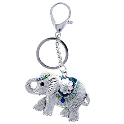 Elephant Flower AB Finish Split-Ring-Keychain W/ Trigger-Snap Silver-Tone/Blue