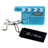 Clap Board Magnifying Glass Extra Clip Split-Ring-Keychain Blue/White