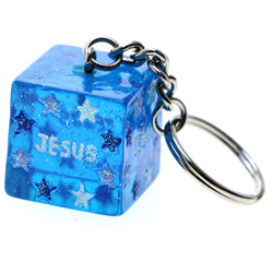 Jesus Religious Cube Split-Ring-Keychain Blue/Silver-Tone
