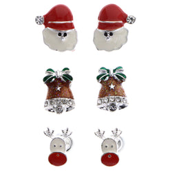 Mi Amore Christmas Winter Reindeer Santa Bells Stud-Earrings Red & White