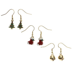 Holiday Stocking Christmas Tree Jingle Bell Dangle-Earrings