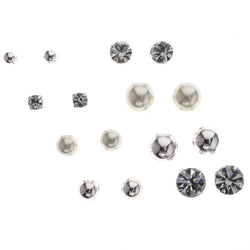Mi Amore Simple Set of 8 Stud-Earrings Silver-Tone & White