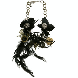 Mi Amore Flowers Feathers Adjustable Statement-Necklace Black & Gold-Tone