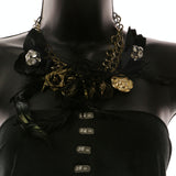 Mi Amore Flowers Feathers Adjustable Statement-Necklace Black & Gold-Tone