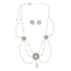 Mi Amore Snowflake Flower Adjustable Necklace-Earring-Set White & Silver-Tone