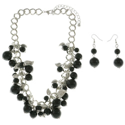 Mi Amore Leaves Adjustable Necklace-Earring-Set Silver-Tone & Black