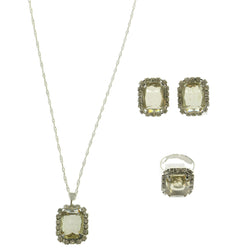 Mi Amore Matching Ring Necklace-Earring-Set Green/Silver-Tone