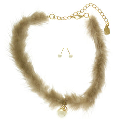 Mi Amore Fuzzy Necklace-Earring-Set Brown/Gold-Tone