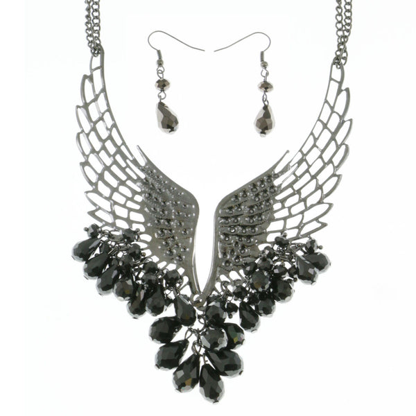 Mi Amore Wings Adjustable Necklace-Earring-Set Silver-Tone & Black