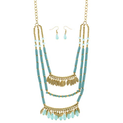 Mi Amore Leaves Necklace-Earring-Set Blue/Gold-Tone