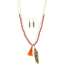 Mi Amore Feather Necklace-Earring-Set Gold-Tone/Red