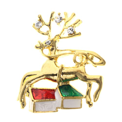 Mi Amore Reindeer House Christmas Brooch-Pin Gold-Tone & Multicolor