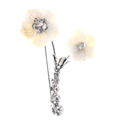 Mi Amore Flower AB Finish Brooch-Pin Silver-Tone & White