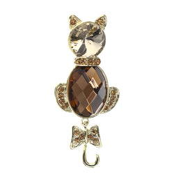 Mi Amore Cat Moveable Tail Bow Brooch-Pin Gold-Tone & Brown