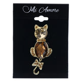 Mi Amore Cat Moveable Tail Bow Brooch-Pin Gold-Tone & Brown