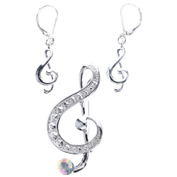 Mi Amore Musical G-Clef Convertible Necklace Pendant Pin-Earring-Set Silver-Tone