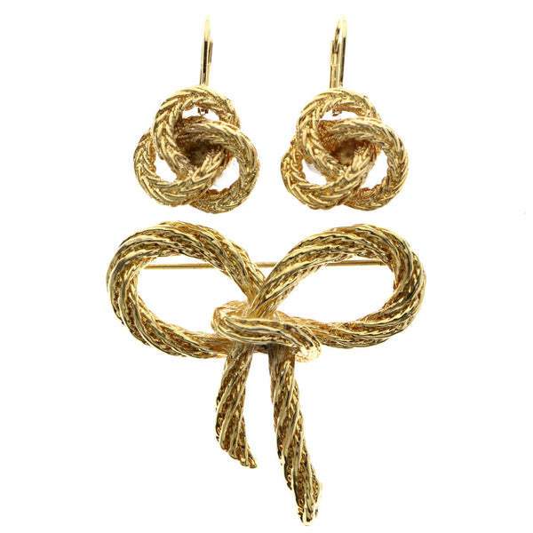 Mi Amore Bow and Knot Convertible Necklace Pendant Pin-Earring-Set Gold-Tone