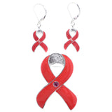 Mi Amore Awareness Ribbon Convertible Necklace Pendant Pin-Earring-Set Pink & Silver-Tone