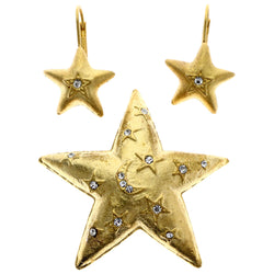 Mi Amore Matte Finish Star Moon Convertible Necklace Pendant Pin-Earring-Set Gold-Tone