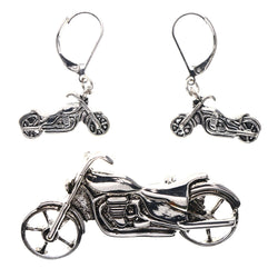 Mi Amore Motorcycle Convertible Necklace Pendant Pin-Earring-Set Silver-Tone