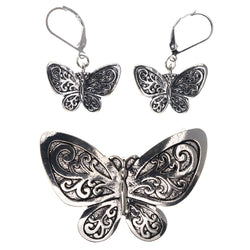 Mi Amore Butterfly Convertible Necklace Pendant Pin-Earring-Set Silver-Tone