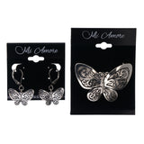 Mi Amore Butterfly Convertible Necklace Pendant Pin-Earring-Set Silver-Tone