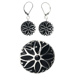 Mi Amore Flower Convertible Necklace Pendant Pin-Earring-Set Silver-Tone & Black