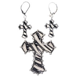 Mi Amore Zebra Print Cross Convertible Necklace Pendant Pin-Earring-Set Silver-Tone & Black