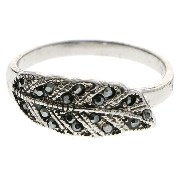 Mi Amore Crystal Leaf Sized-Ring Silver-Tone & Black Size 8.00