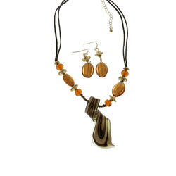 MIXIT Gift Boxed Glass Pendant Necklace-Earring-Set Brown & Gold-Tone