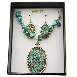 Mixit Gift Boxed Semi-Precious Necklace-Earring-Set Blue & Gold-Tone