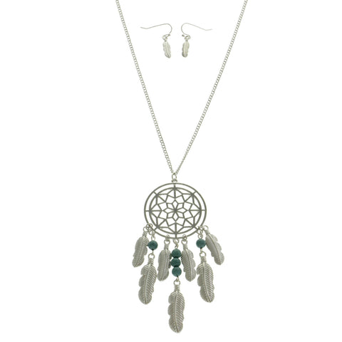Mi Amore Dream Catcher Feather Necklace-Earring-Set Silver-Tone & Green