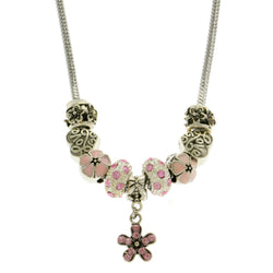 Mi Amore Flower Heart Love Fashion-Necklace Silver-Tone & Pink