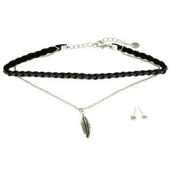 Mi Amore Feather Necklace-Earring-Set Silver-Tone/Black