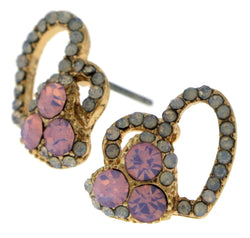 Small Gold-Tone Heart Shaped Earrings With Pink And White Colored Rhinestone Accents TME541