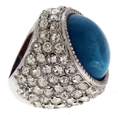 Silver-Tone Rhinestone Pave Ring with Blue Center Accent - Mi Amore