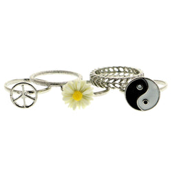 Mi Amore Peace Sign Yin-Yang Daisy Sized-Ring Silver-Tone & Multicolor Size 6.00