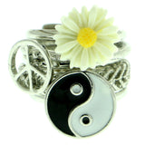 Mi Amore Peace Sign Yin-Yang Daisy Sized-Ring Silver-Tone & Multicolor Size 6.00